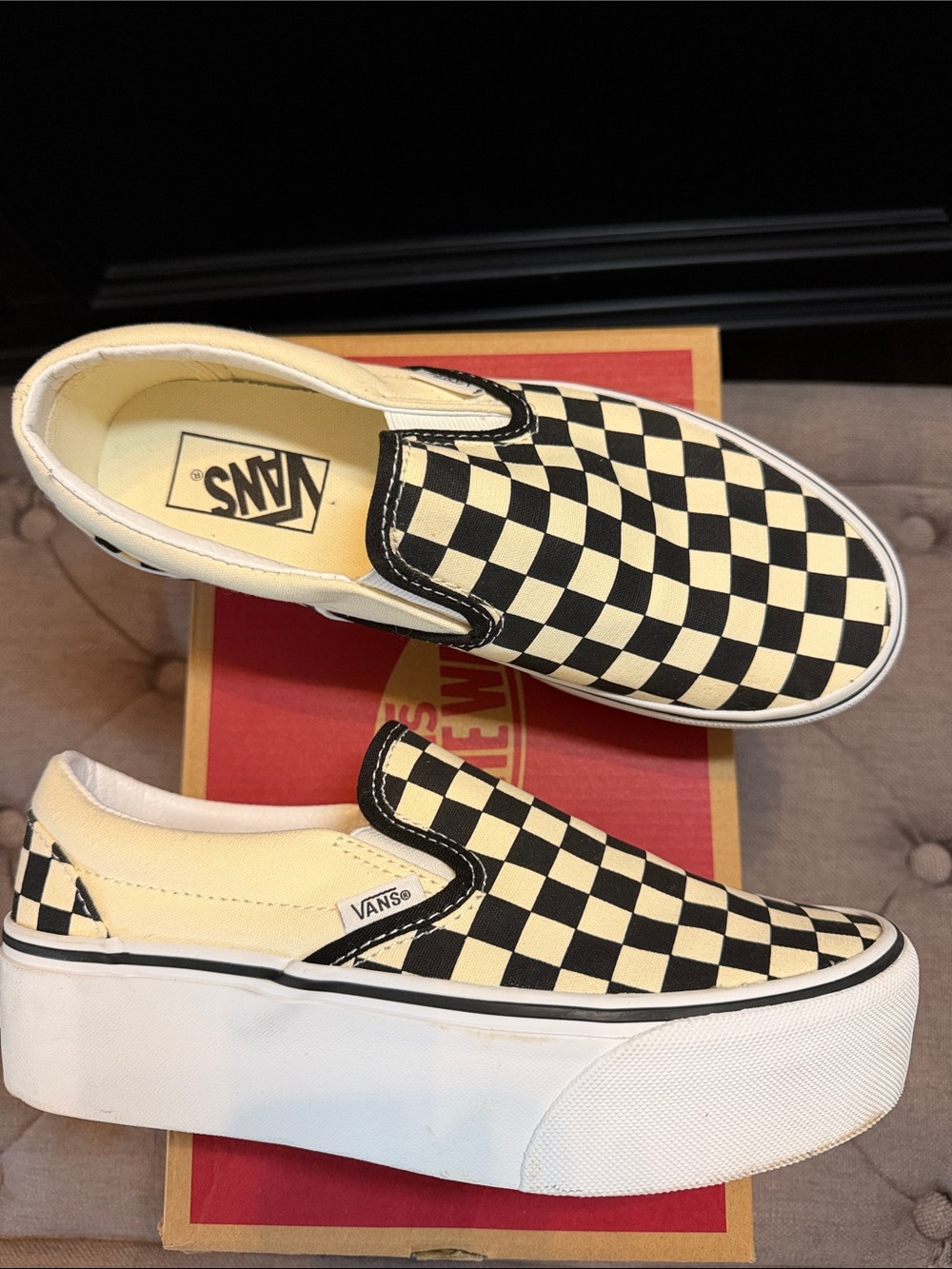 Vans Checkerboard Platform Slip-On Sneakers - Black & Cream